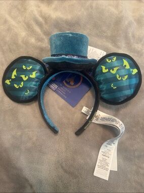 Disney Teal Striped Haunted Eyes Mouse Ear Headband with Mini Top Hat